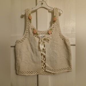 Crochet Lace-Up Cream Tank Top Coquette crocheted floral  tank top Cottagecore